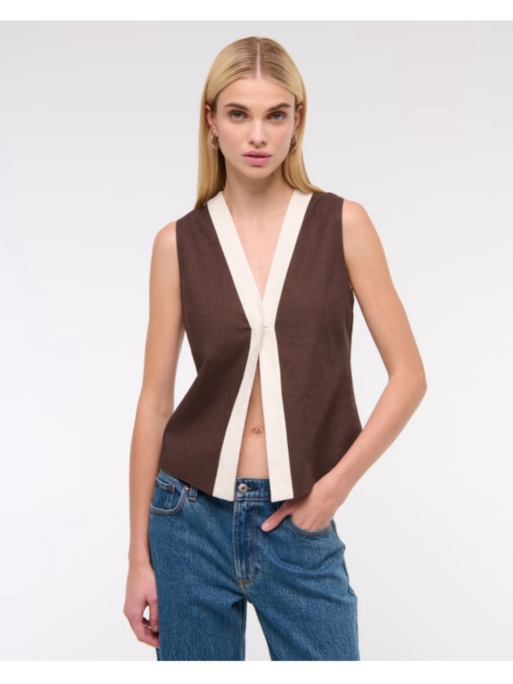 NWOT Abercrombie soft linen blend brown vest with Cream Trim